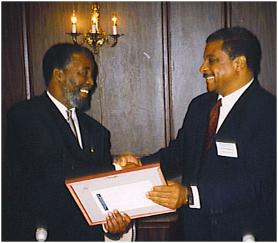 Jackie Robinson with President Mbeki of South Africa in a Washington DC Business Award Ceremony